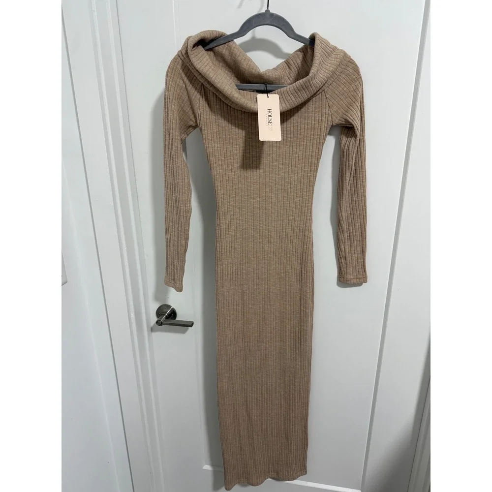 House of CB Anfisai Ribbed Knit Off‎ Shoulder Maxi Dress XS Biscuit Beige NWT